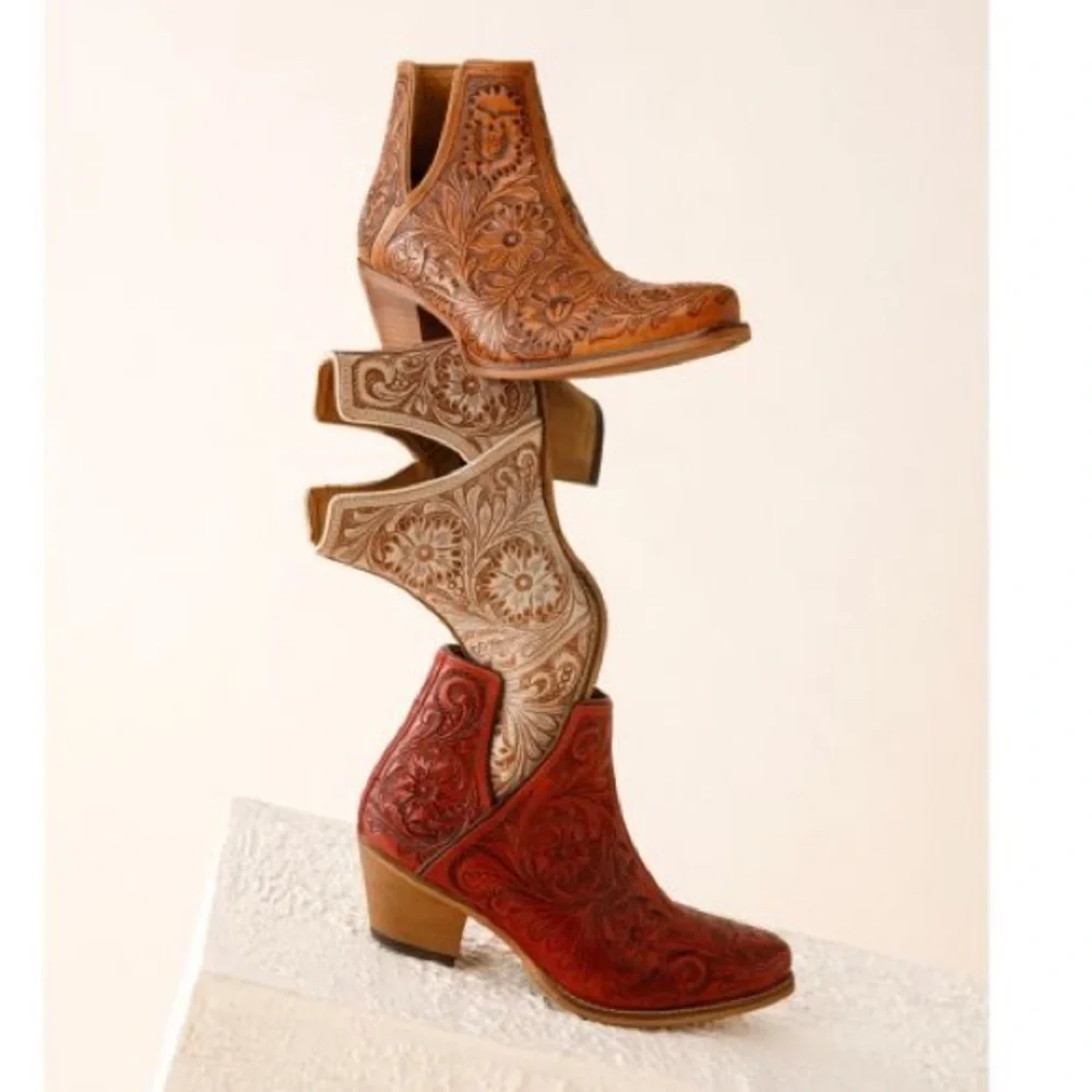 🌶️Scarlet Hand Tooled Genuine Leather Women Bootie Cowboy Boot Boho Western Red - Picture 9 of 16